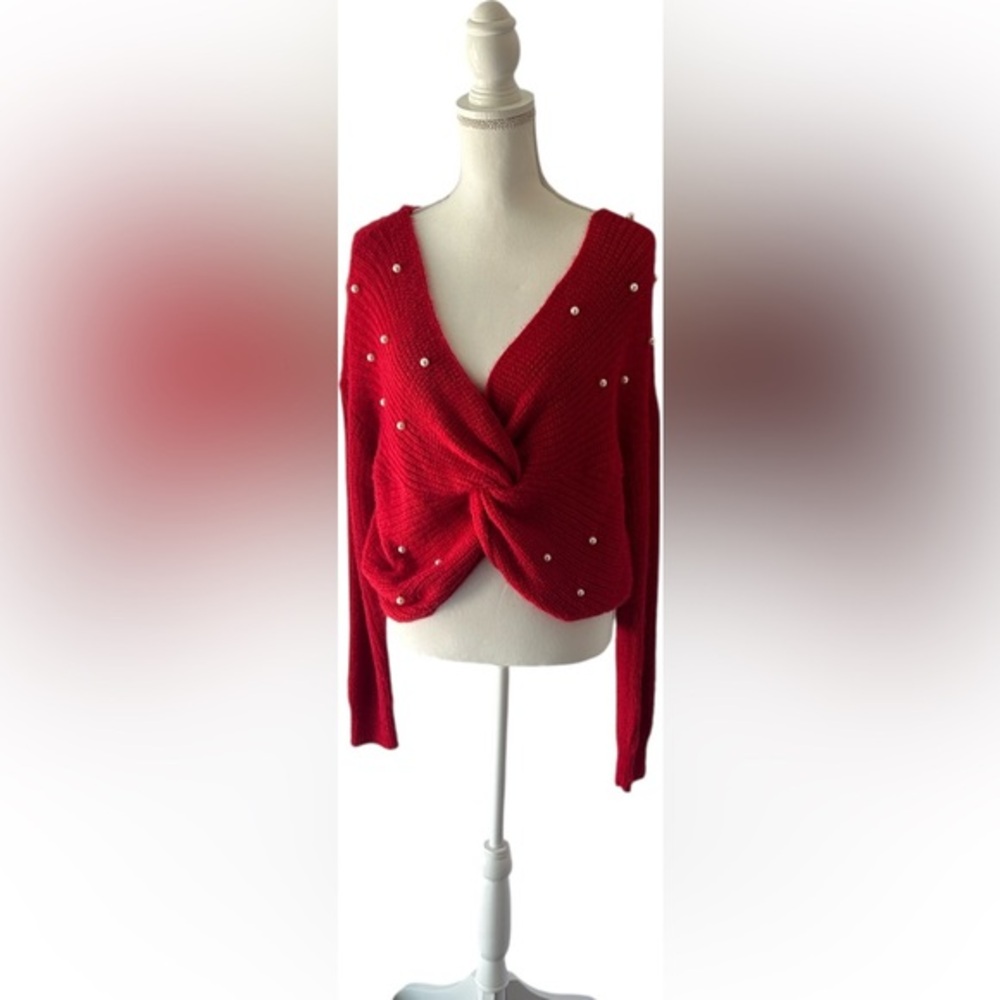 No Boundaries Red Off-the-Shoulder Sweater with Pearl Details